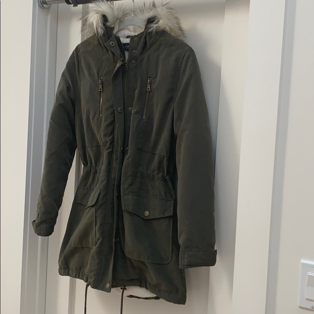 Coat with faux fur hood